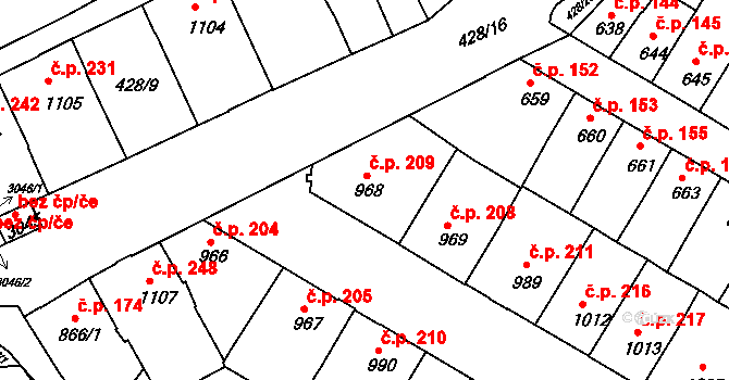 Stařečka 209, Třebíč na parcele st. 968 v KÚ Třebíč, Katastrální mapa