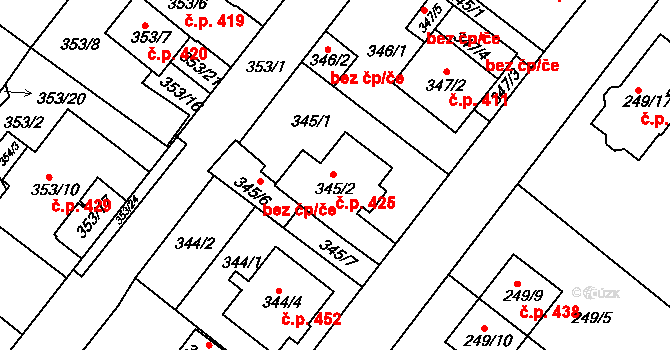 Sobědruhy 425, Teplice na parcele st. 345/2 v KÚ Sobědruhy, Katastrální mapa