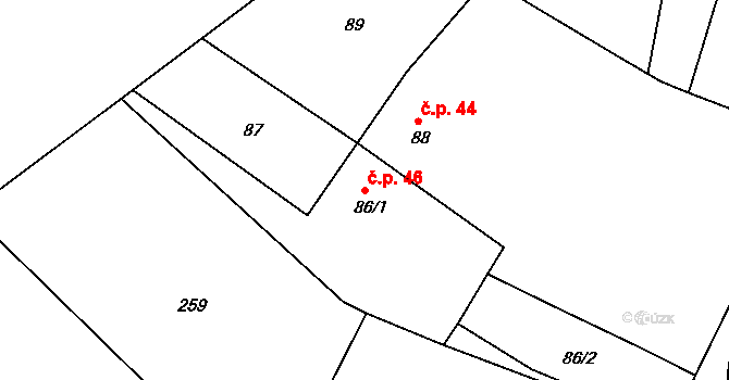Milonice 46 na parcele st. 86/1 v KÚ Milonice u Lipůvky, Katastrální mapa
