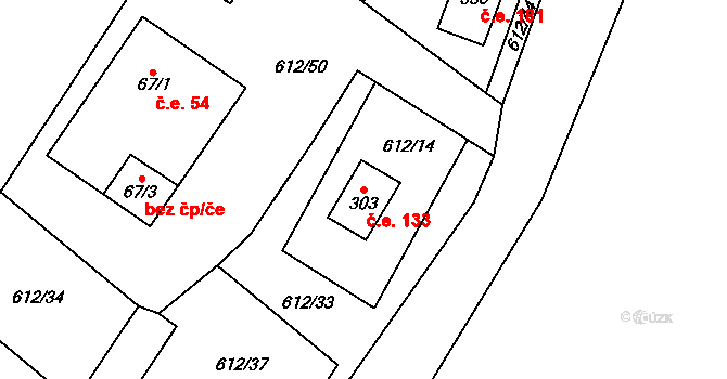 Háj 133, Loučná pod Klínovcem na parcele st. 303 v KÚ Háj u Loučné pod Klínovcem, Katastrální mapa
