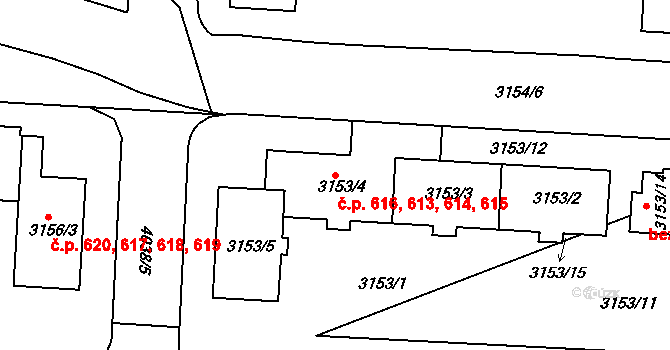 Dejvice 613,614,615,616, Praha na parcele st. 3153/4 v KÚ Dejvice, Katastrální mapa