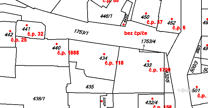Kobylisy 118, Praha na parcele st. 434 v KÚ Kobylisy, Katastrální mapa