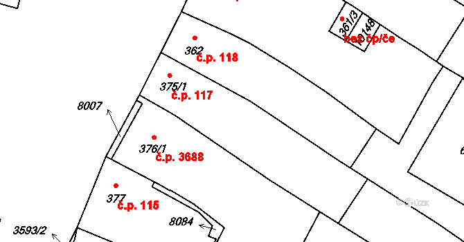 Hodonín 117 na parcele st. 375/1 v KÚ Hodonín, Katastrální mapa