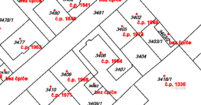 Chomutov 1984 na parcele st. 3406 v KÚ Chomutov I, Katastrální mapa