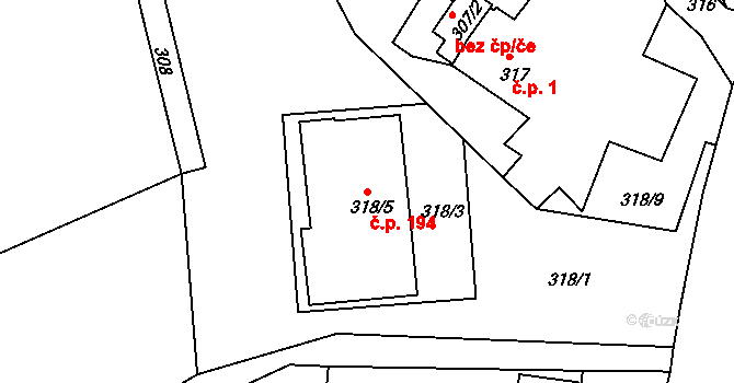 Kolová 194 na parcele st. 318/5 v KÚ Kolová, Katastrální mapa