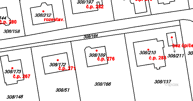 Radonice 276 na parcele st. 308/189 v KÚ Radonice u Kadaně, Katastrální mapa