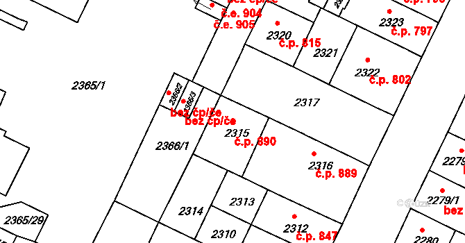 Předměstí 890, Litoměřice na parcele st. 2315 v KÚ Litoměřice, Katastrální mapa