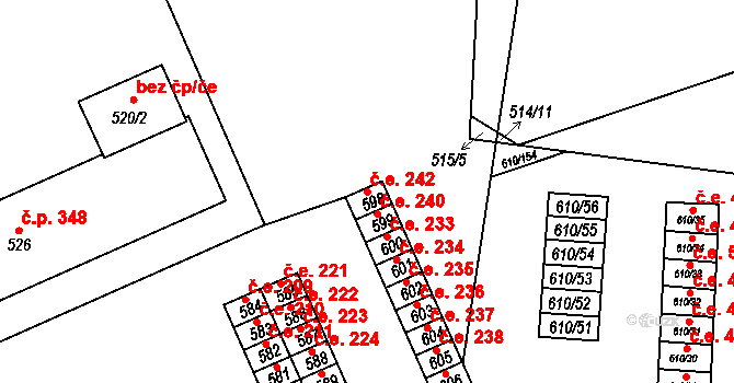 Mokrá 242, Mokrá-Horákov na parcele st. 598 v KÚ Mokrá u Brna, Katastrální mapa