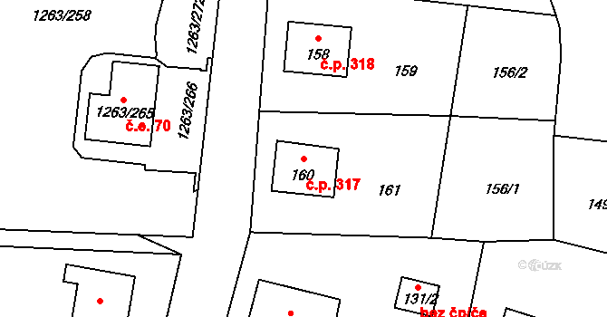 Hvozdná 317 na parcele st. 160 v KÚ Hvozdná, Katastrální mapa