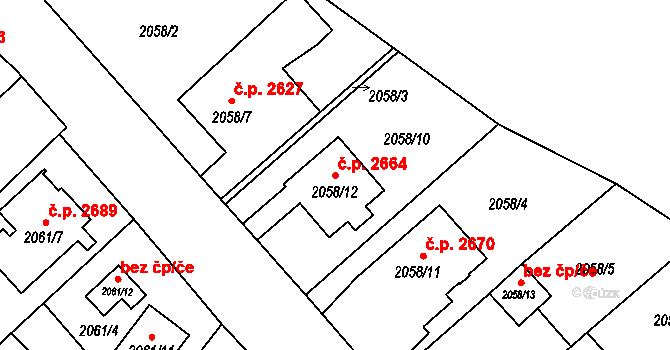 Předměstí 2664, Opava na parcele st. 2058/12 v KÚ Opava-Předměstí, Katastrální mapa