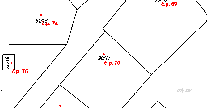Lišnice 70 na parcele st. 90/11 v KÚ Lišnice, Katastrální mapa