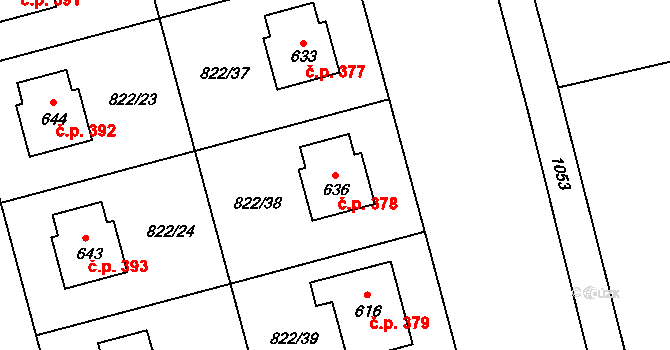 Hrochův Týnec 378 na parcele st. 636 v KÚ Hrochův Týnec, Katastrální mapa