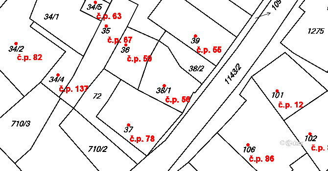 Horní Počaply 56 na parcele st. 38/1 v KÚ Horní Počaply, Katastrální mapa