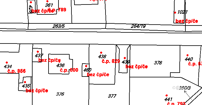 Rudná 829 na parcele st. 438 v KÚ Hořelice, Katastrální mapa