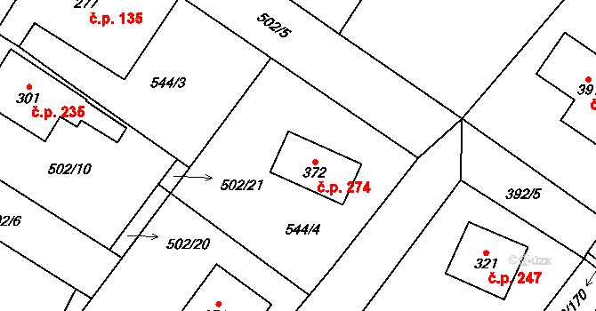 Všeruby 274 na parcele st. 372 v KÚ Všeruby u Plzně, Katastrální mapa