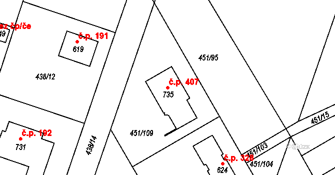 Horoušánky 407, Horoušany na parcele st. 735 v KÚ Horoušany, Katastrální mapa