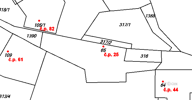 Polipsy 25, Čestín na parcele st. 65 v KÚ Polipsy, Katastrální mapa