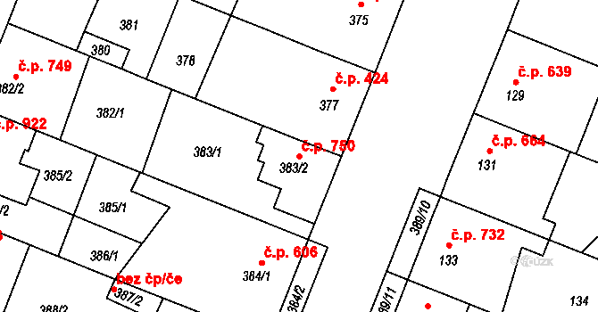 Lužice 750 na parcele st. 383/2 v KÚ Lužice u Hodonína, Katastrální mapa
