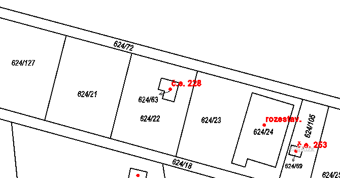 Žižlavice 228, Blansko na parcele st. 624/63 v KÚ Těchov, Katastrální mapa