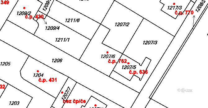 Kosmonosy 762 na parcele st. 1207/6 v KÚ Kosmonosy, Katastrální mapa