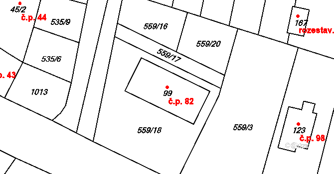 Blešno 82 na parcele st. 99 v KÚ Blešno, Katastrální mapa