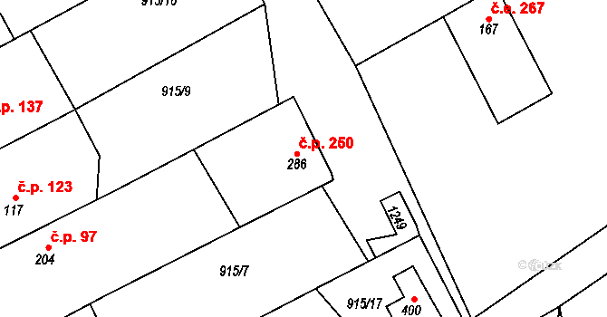 Chvalčov 250 na parcele st. 286 v KÚ Chvalčov, Katastrální mapa