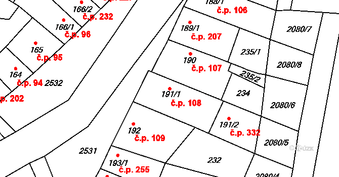 Třebenice 108 na parcele st. 191/1 v KÚ Třebenice, Katastrální mapa