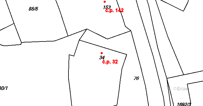 Lodhéřov 32 na parcele st. 34 v KÚ Lodhéřov, Katastrální mapa