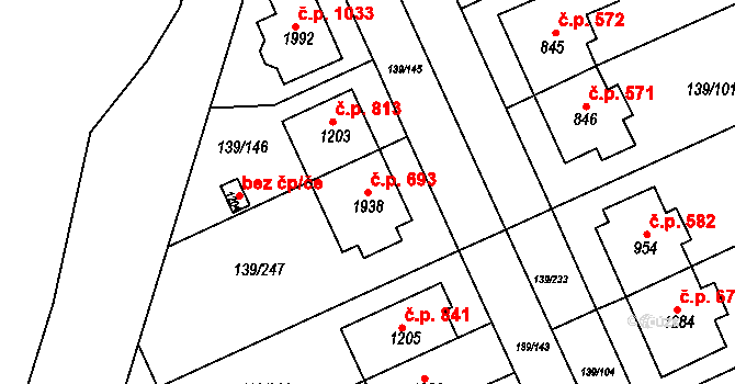 Podklášteří 693, Třebíč na parcele st. 1938 v KÚ Podklášteří, Katastrální mapa