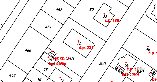 Prosetice 231, Teplice na parcele st. 20 v KÚ Prosetice, Katastrální mapa