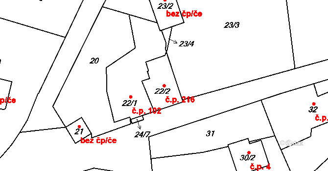 Libčany 216 na parcele st. 22/2 v KÚ Libčany, Katastrální mapa