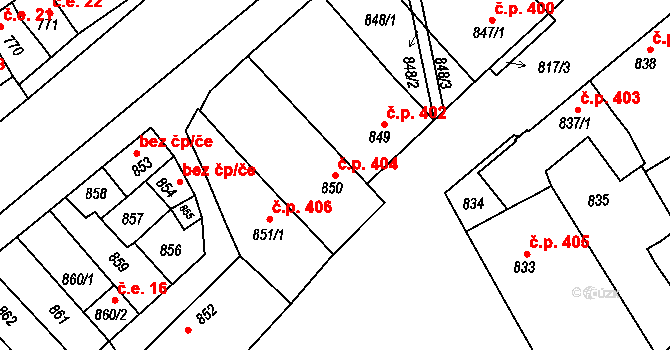 Mikulčice 404 na parcele st. 850 v KÚ Mikulčice, Katastrální mapa