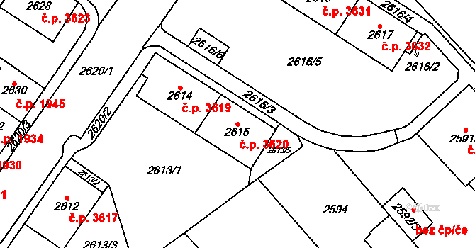Chomutov 3620 na parcele st. 2615 v KÚ Chomutov I, Katastrální mapa