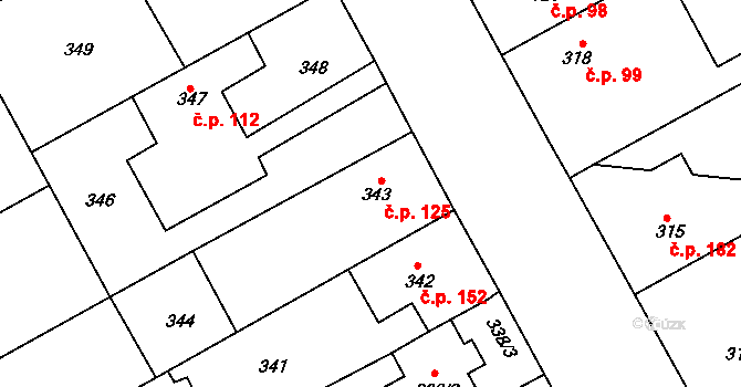 Ostrovačice 125 na parcele st. 343 v KÚ Ostrovačice, Katastrální mapa