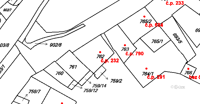 Lednice 232 na parcele st. 762 v KÚ Lednice na Moravě, Katastrální mapa