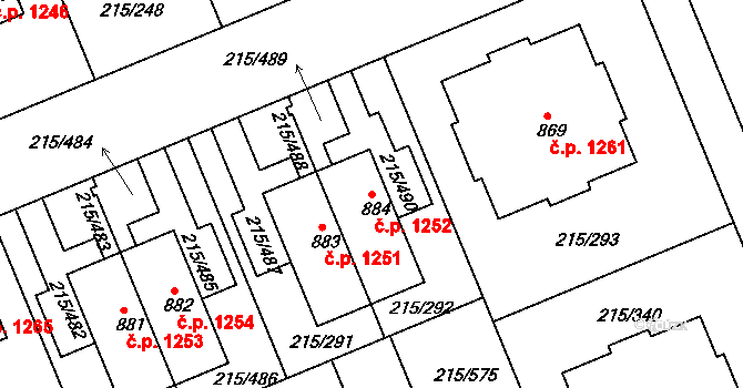 Rudná 1252 na parcele st. 884 v KÚ Hořelice, Katastrální mapa