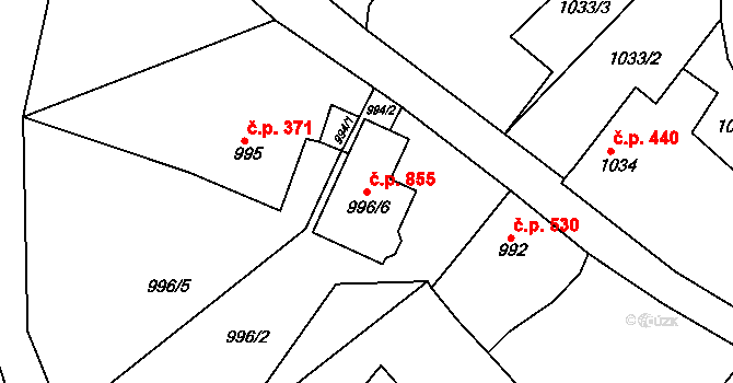 Buchlovice 855 na parcele st. 996/6 v KÚ Buchlovice, Katastrální mapa