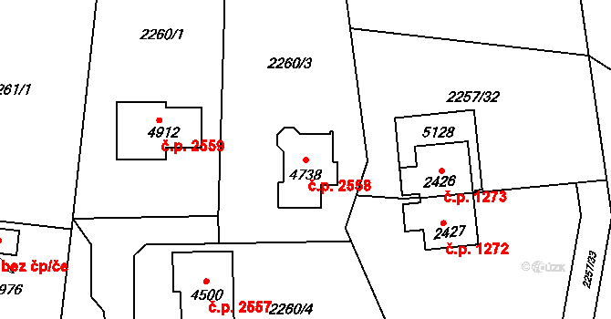 Rožnov pod Radhoštěm 2558 na parcele st. 4738 v KÚ Rožnov pod Radhoštěm, Katastrální mapa