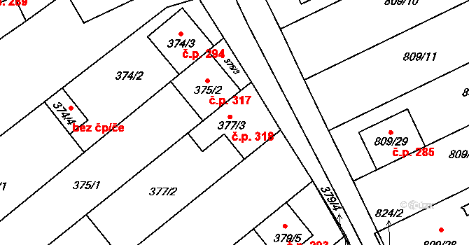 Chylice 318, Ostrožská Nová Ves na parcele st. 377/3 v KÚ Chylice, Katastrální mapa