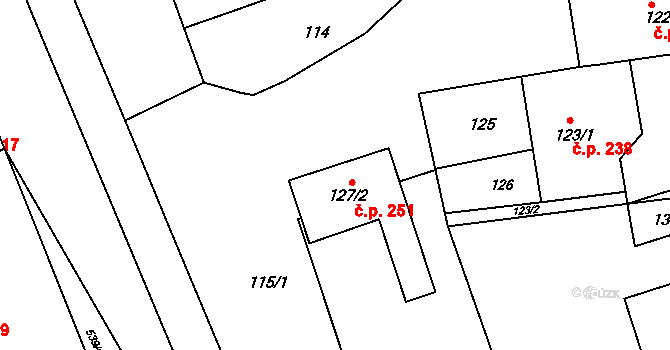 Milešovice 251 na parcele st. 127/2 v KÚ Milešovice, Katastrální mapa