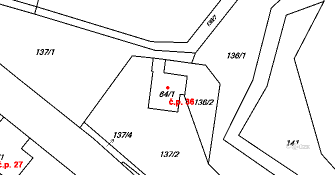 Borovník 36 na parcele st. 64/1 v KÚ Borovník, Katastrální mapa