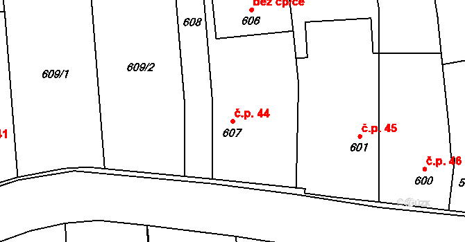 Píšť 44 na parcele st. 607 v KÚ Píšť, Katastrální mapa