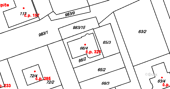 Komárov 326, Opava na parcele st. 66/4 v KÚ Komárov u Opavy, Katastrální mapa