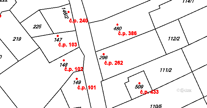 Nedakonice 262 na parcele st. 296 v KÚ Nedakonice, Katastrální mapa