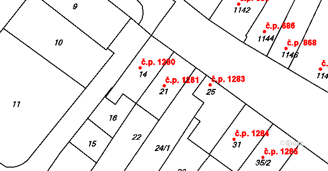 Hluk 1281 na parcele st. 21 v KÚ Hluk, Katastrální mapa