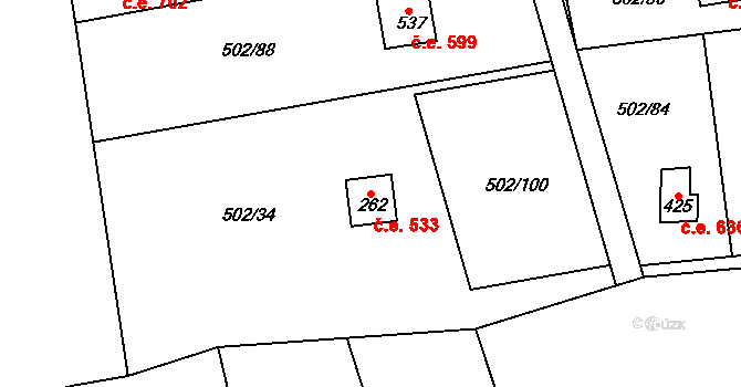 Solopisky 533, Třebotov na parcele st. 262 v KÚ Třebotov, Katastrální mapa