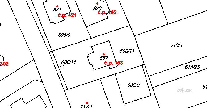 Psáry 163 na parcele st. 557 v KÚ Psáry, Katastrální mapa