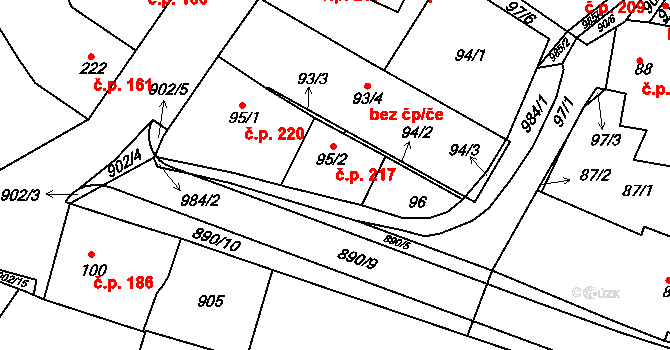 Poběžovice 217 na parcele st. 95/2 v KÚ Poběžovice u Domažlic, Katastrální mapa