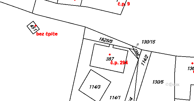 Kolešovice 294 na parcele st. 387 v KÚ Kolešovice, Katastrální mapa
