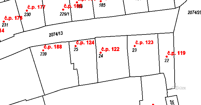 Merklín 122 na parcele st. 24 v KÚ Merklín u Přeštic, Katastrální mapa
